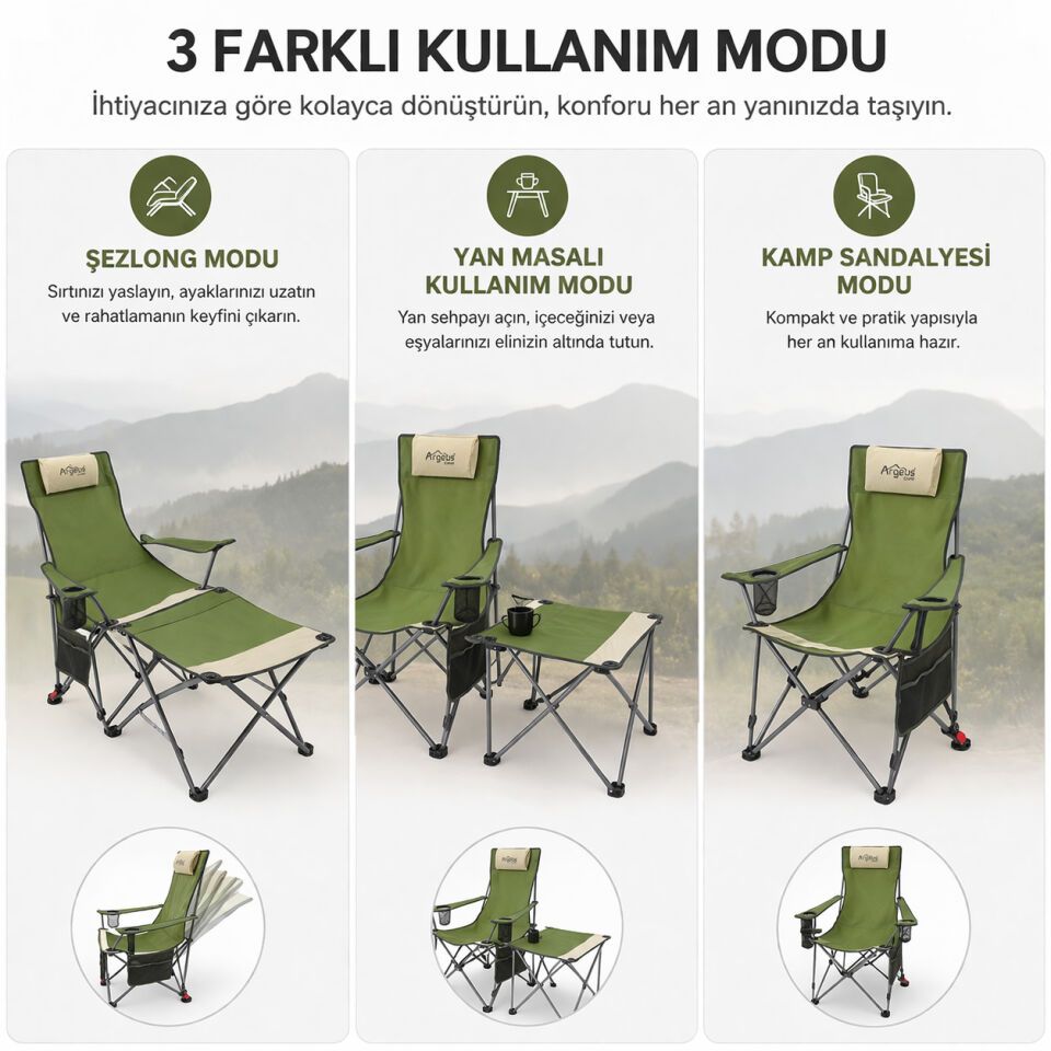 Sırt Ayarlı Katlanabilir Kamp Sandalyesi - 4 Kademeli - Lounge - Haki/Kum