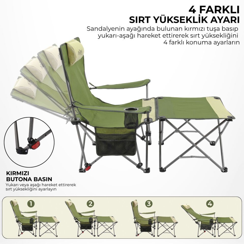 Sırt Ayarlı Katlanabilir Kamp Sandalyesi - 4 Kademeli - Lounge - Haki/Kum